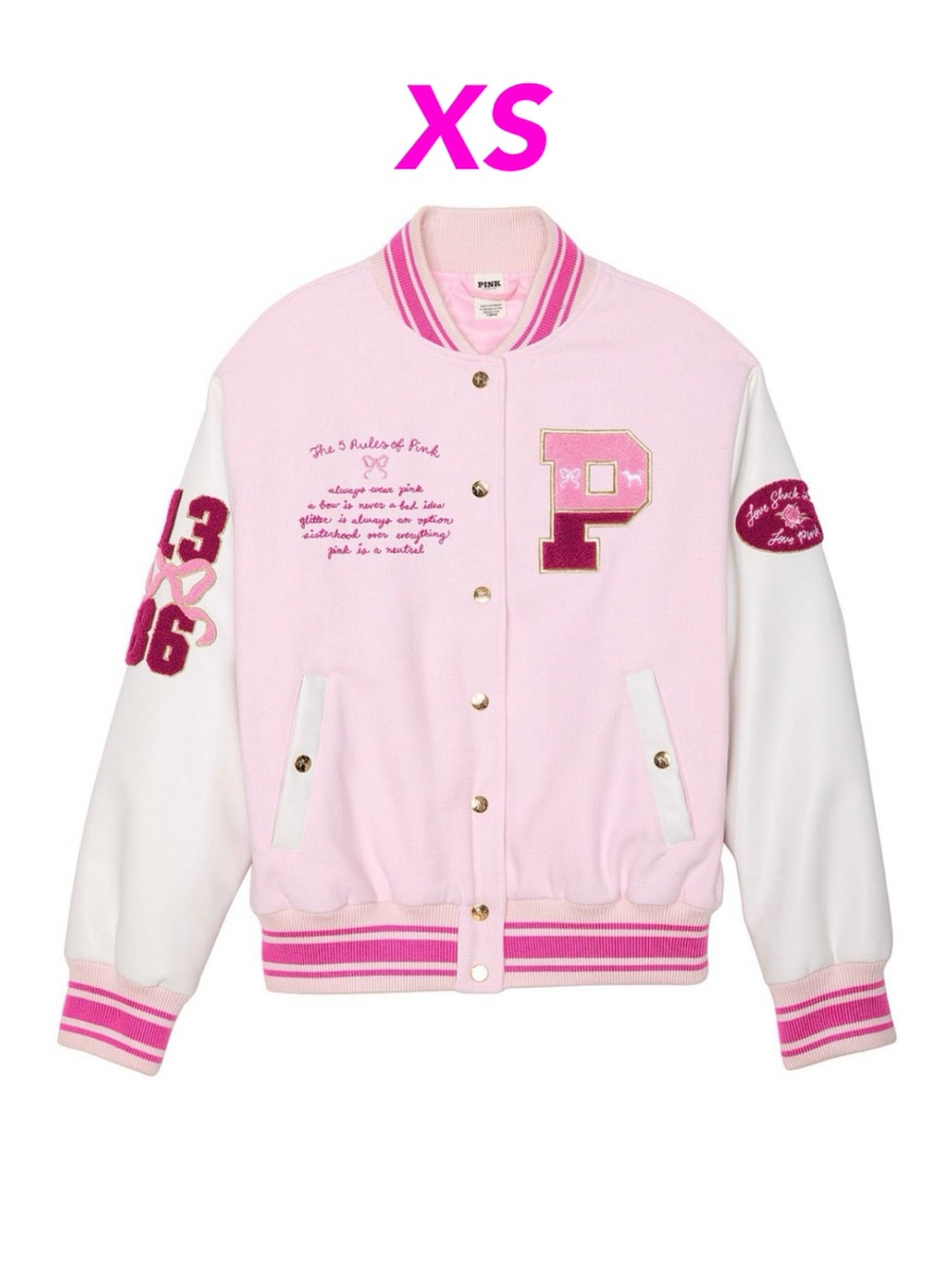 VS PINK X LOVESHACKFANCY BOYFRIEND VARSITY JACKET IN PINK TULIP LOGO SIZE XS
